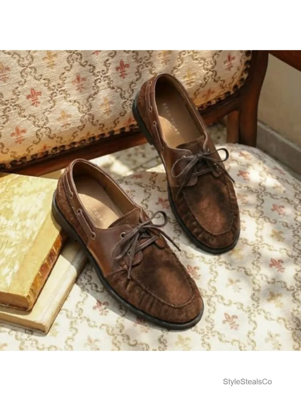 Genuine Leather Suede Loafers, Ruched Mocc, Lace-Up Slip On Shoes, Comfortable